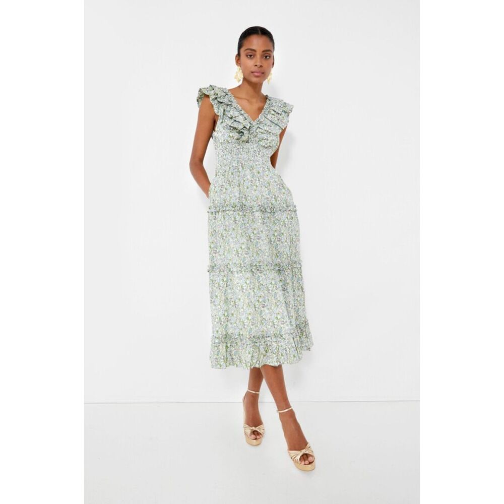 Hyacinth House Rhodes Green Floral Ruffle Vneck Midi Dress Tuckernuck Pockets XS
